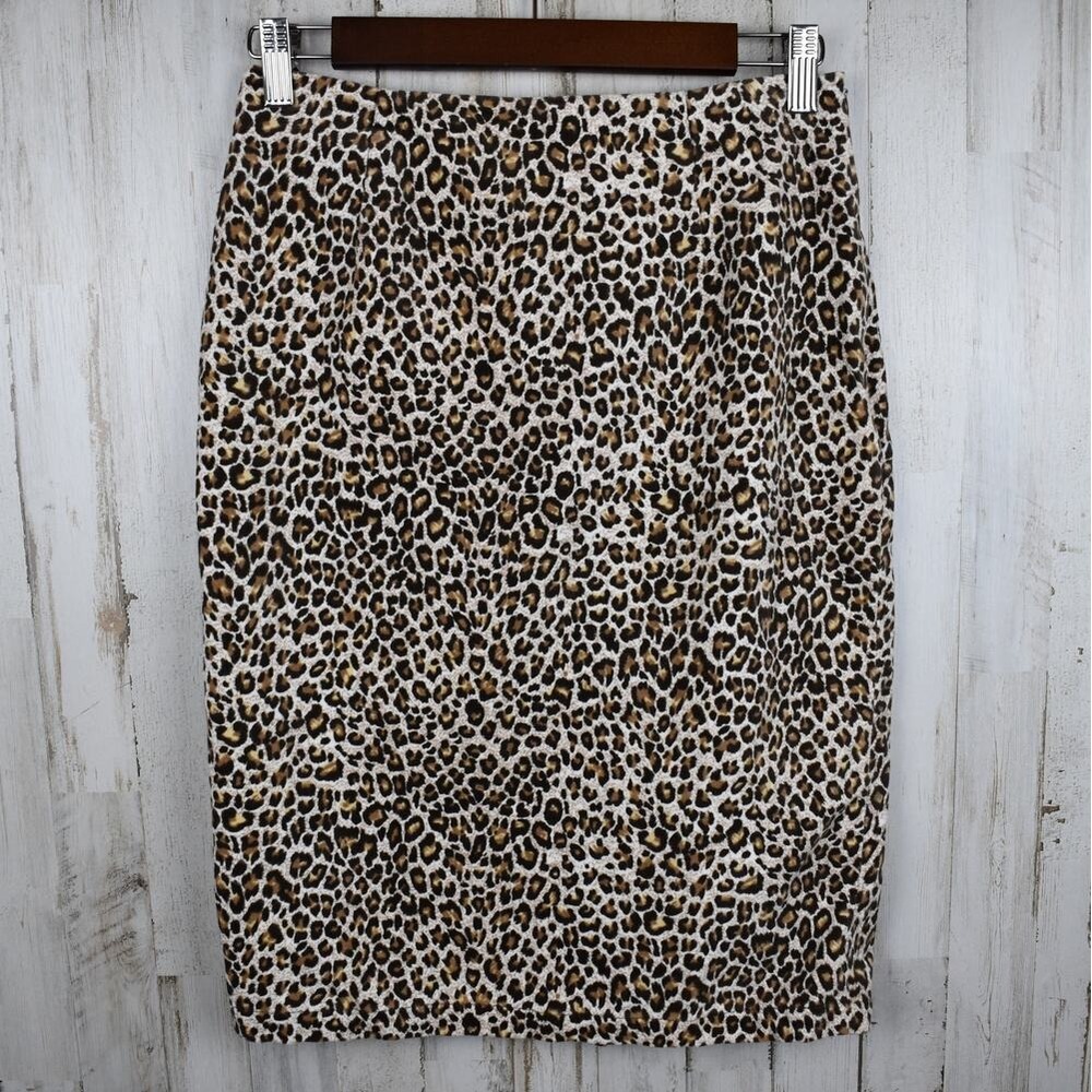 Vintage Y2K Leopard Print Velour Pencil Skirt Knee Length Velvet Cheetah Brown S